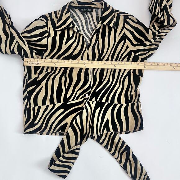RACHEL ZOE ANIMAL PRINT RETRO 90'S TIE AT THE WAIST LONG SLEEVE BLOUSE SIZE MED - Picture 9 of 11